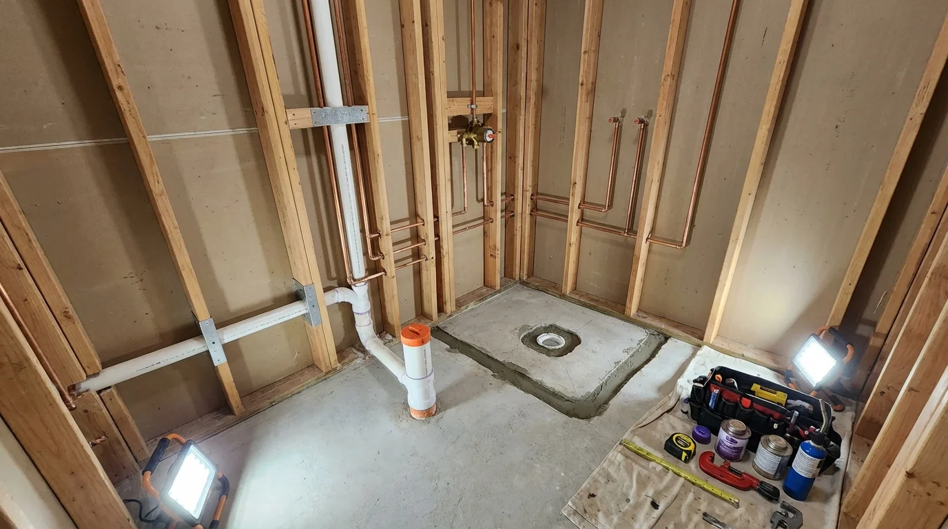 Bathroom rough-in plumbing during remodel by Johns Plumbing LLC in Hollidaysburg