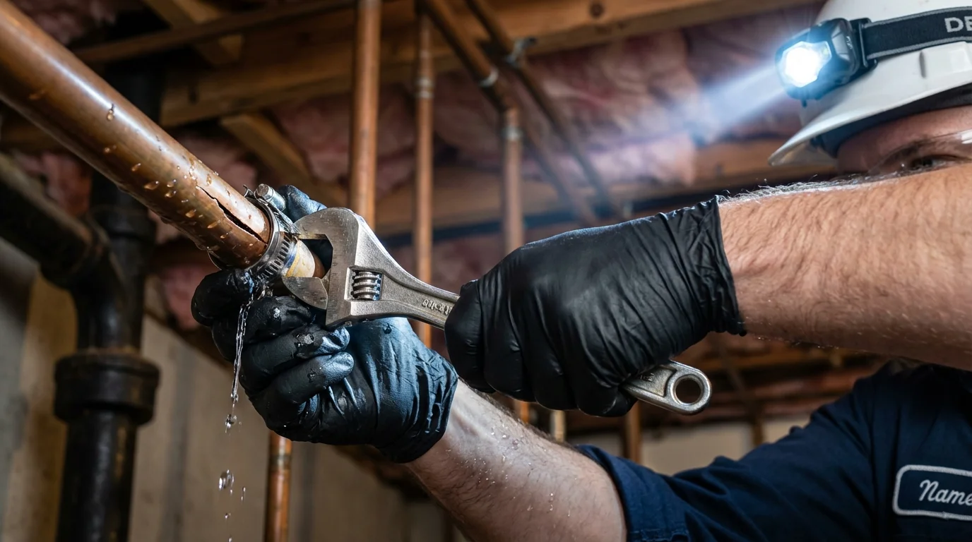 Emergency pipe clamp repair being performed by a Johns Plumbing LLC plumber in Hollidaysburg