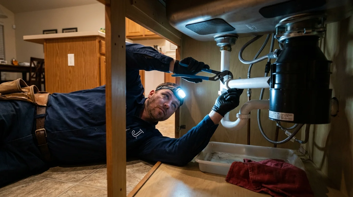 P-trap and supply line connections under a kitchen sink showing a common leak point in Hollidaysburg, PA